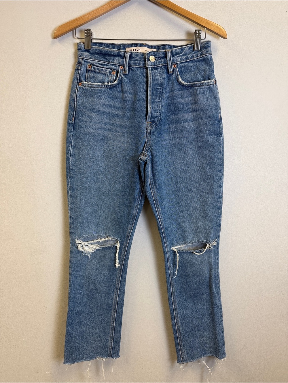 GRLFRND Boyfriend Jeans in Medium Blue with Knee Rips